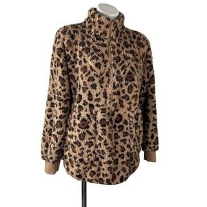 Rapbin Faux Sherpa Fleece Animal Print Pullover 1/4 Zip 2 Zip Pockets Womens M